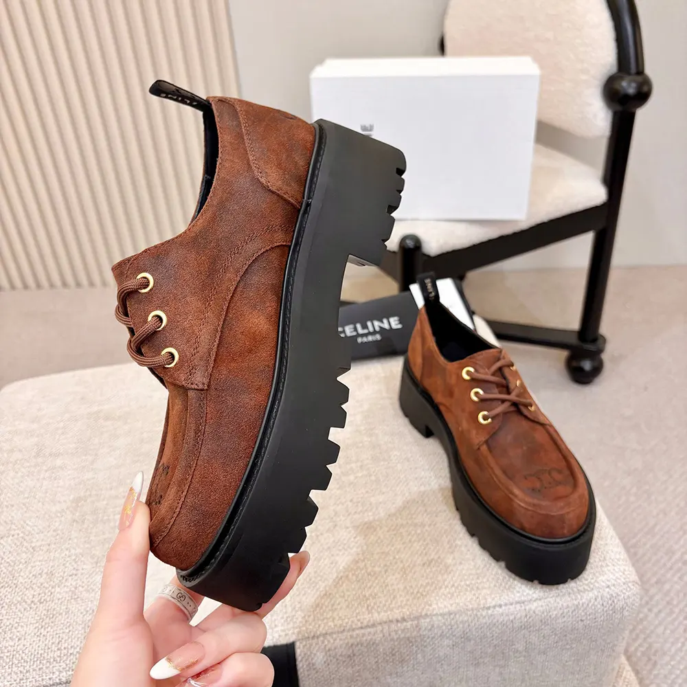 Celine Women Triomphe Derbies in Waxed Suede Calfskin-Brown 364043892C