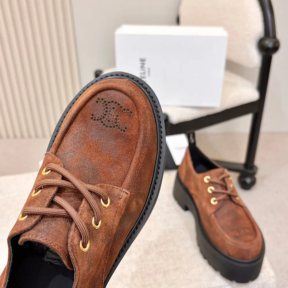 Celine Women Triomphe Derbies in Waxed Suede Calfskin-Brown 364043892C