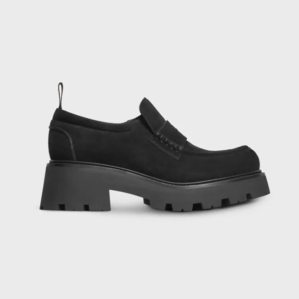 Celine Women Triomphe Loafers in Suede Calfskin-Black 365183442C