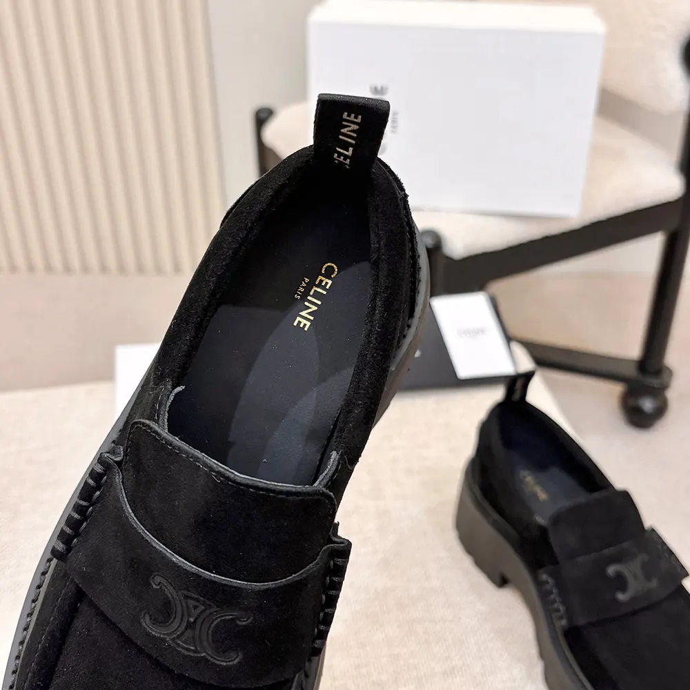 Celine Women Triomphe Loafers in Suede Calfskin-Black 365183442C