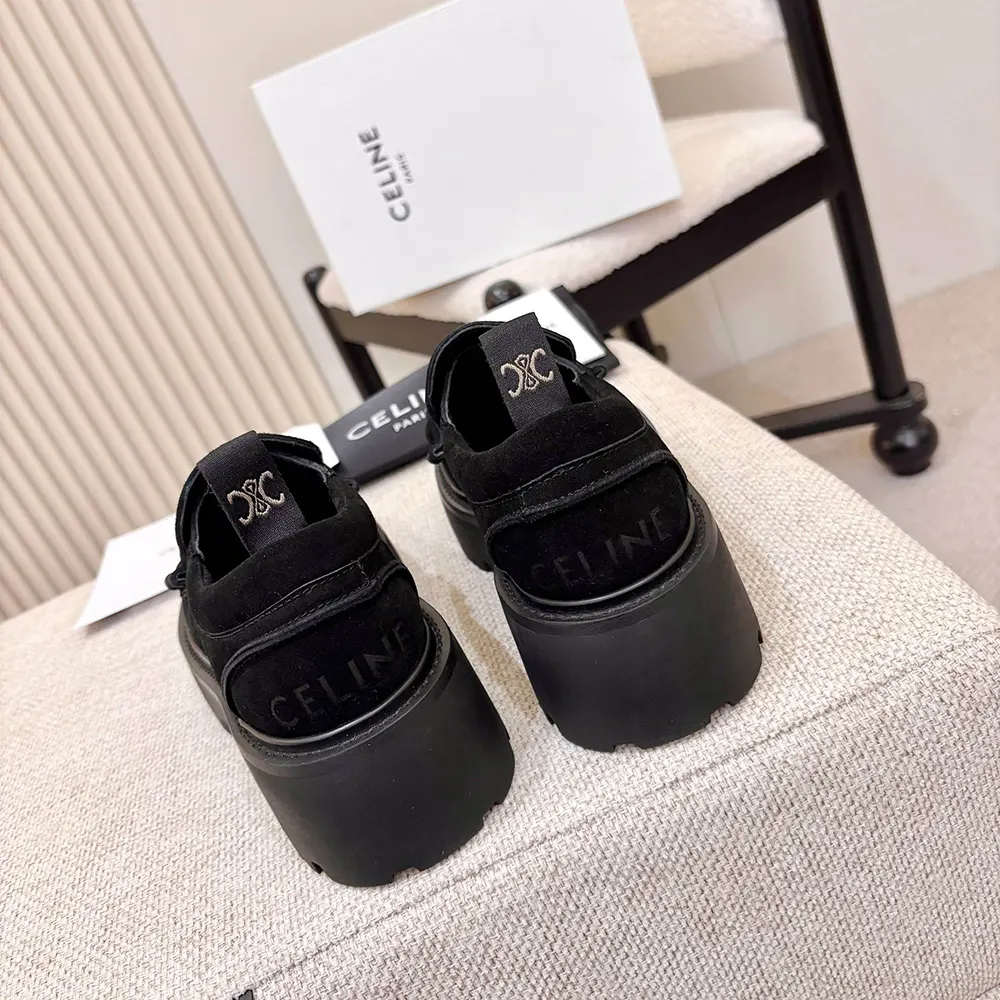 Celine Women Triomphe Loafers in Suede Calfskin-Black 365183442C