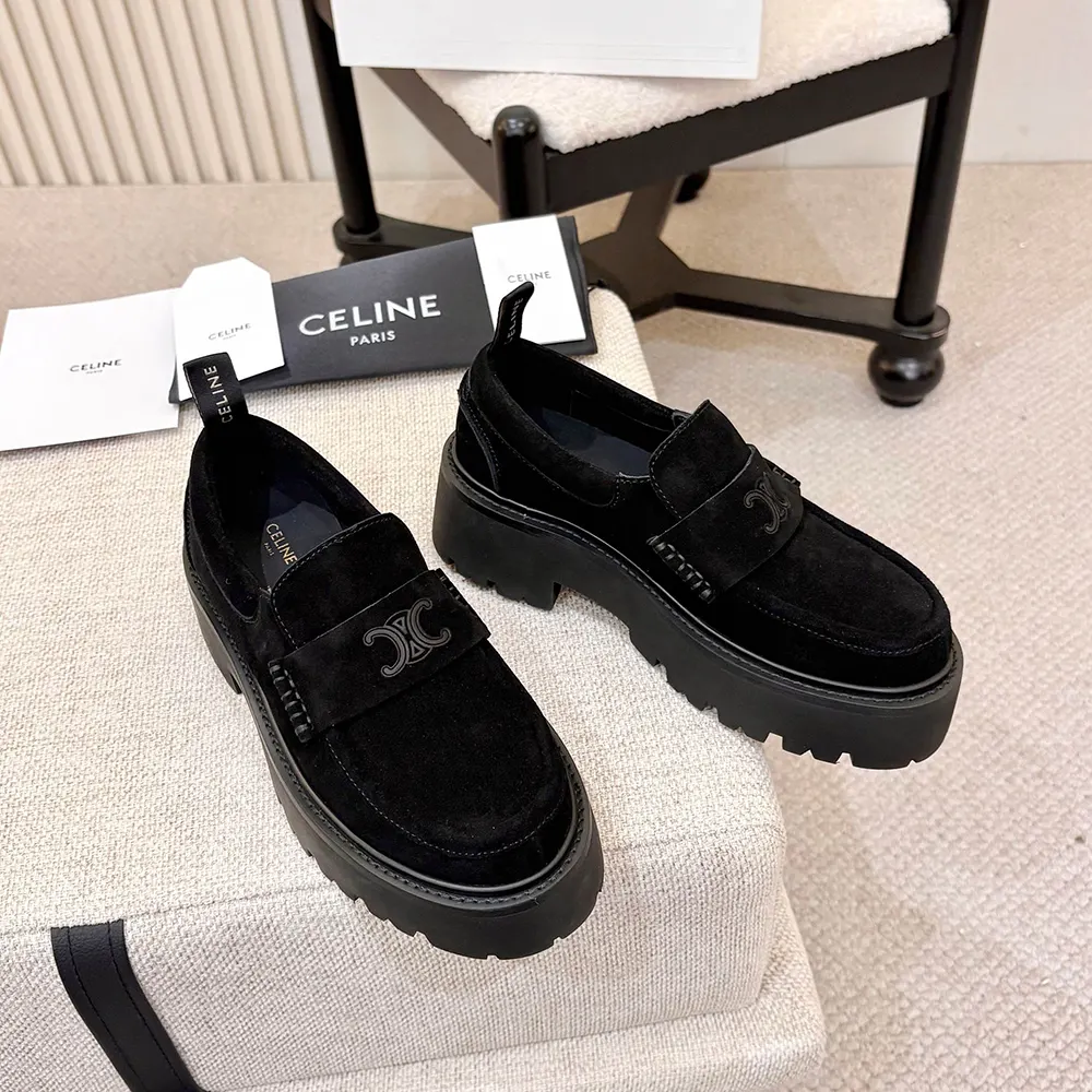 Celine Women Triomphe Loafers in Suede Calfskin-Black 365183442C