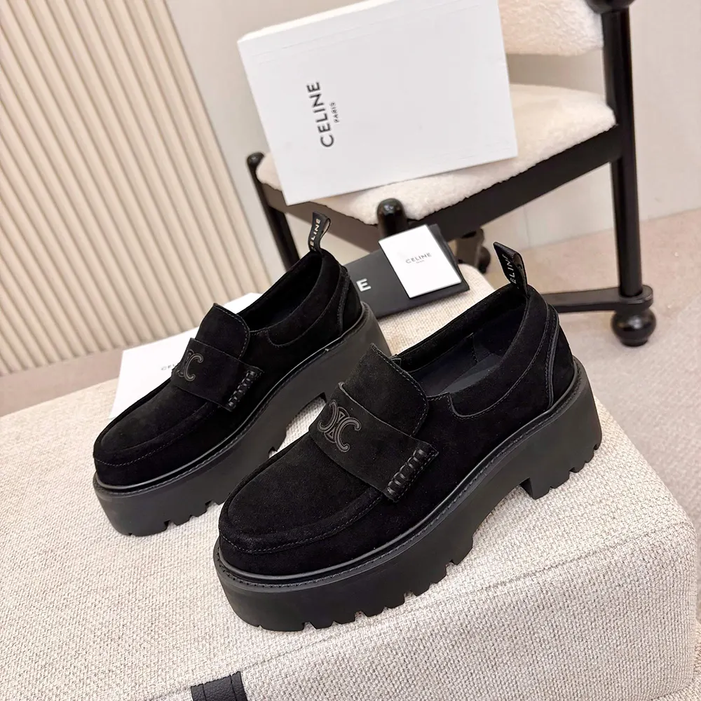 Celine Women Triomphe Loafers in Suede Calfskin-Black 365183442C