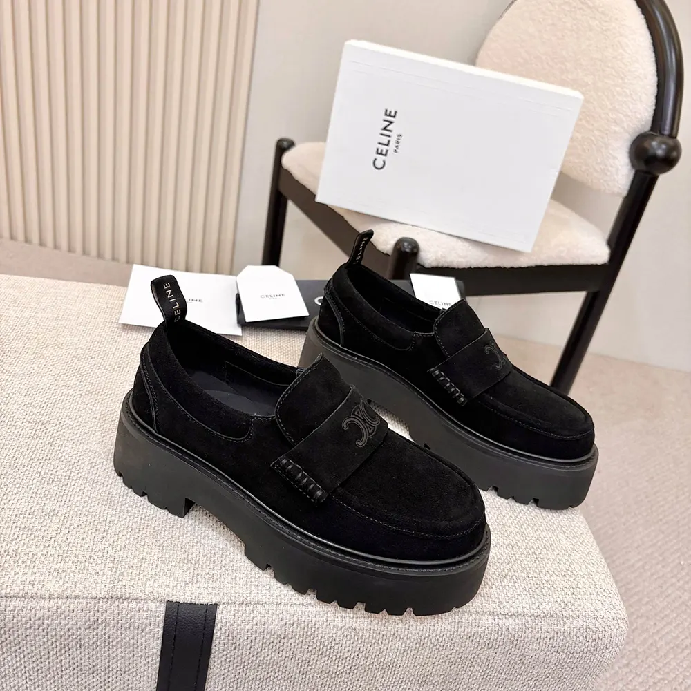 Celine Women Triomphe Loafers in Suede Calfskin-Black 365183442C