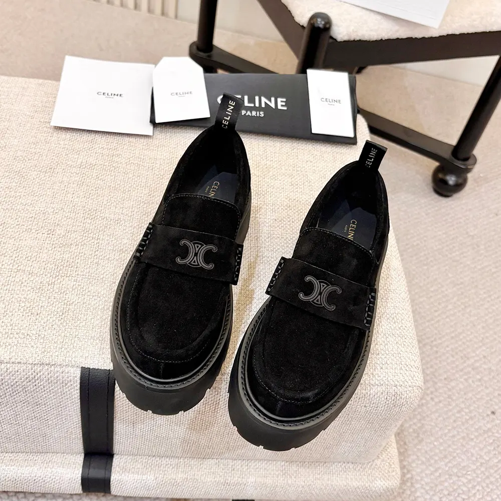 Celine Women Triomphe Loafers in Suede Calfskin-Black 365183442C