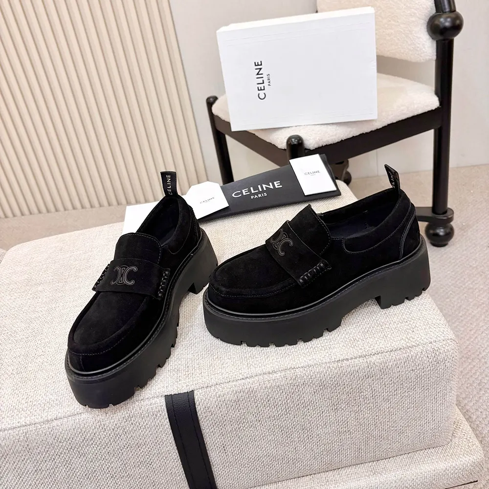 Celine Women Triomphe Loafers in Suede Calfskin-Black 365183442C