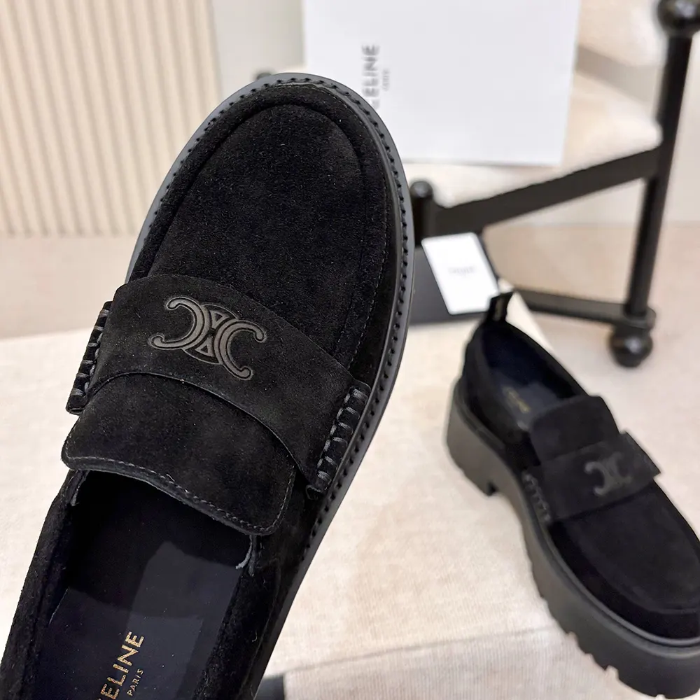 Celine Women Triomphe Loafers in Suede Calfskin-Black 365183442C