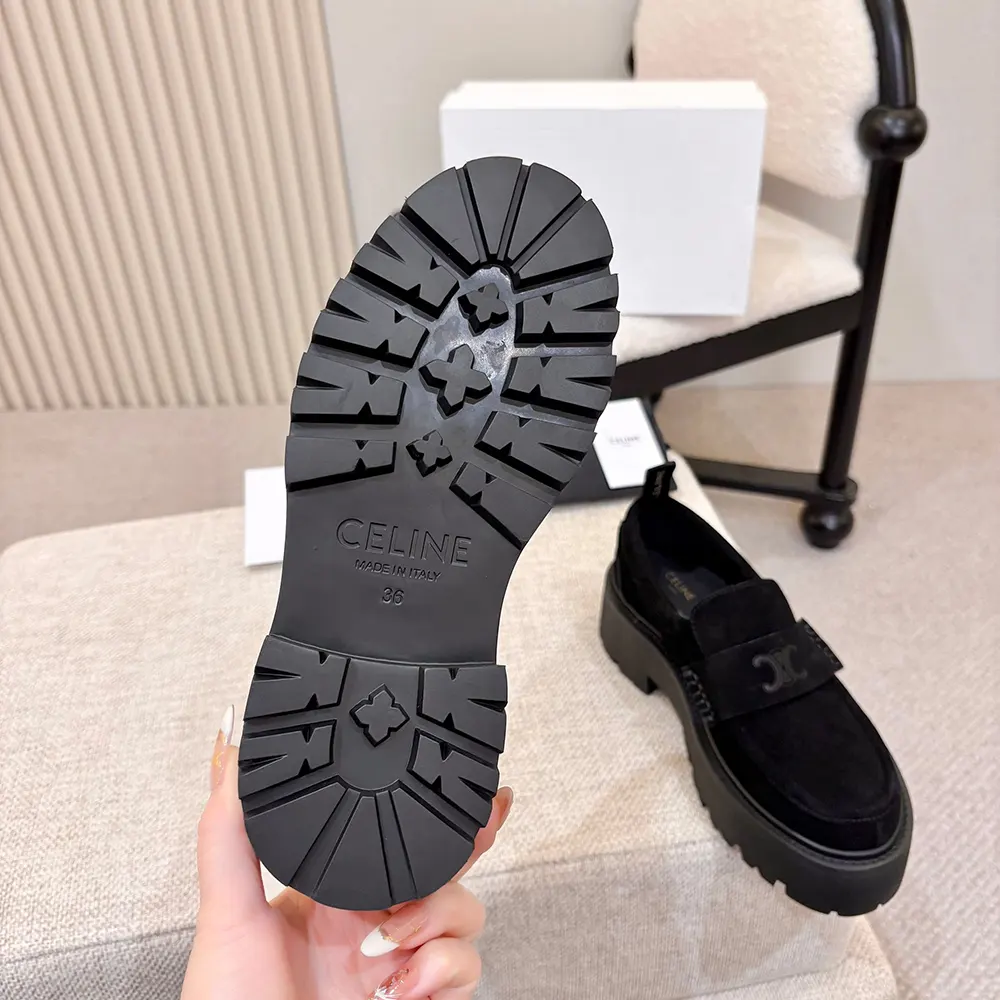 Celine Women Triomphe Loafers in Suede Calfskin-Black 365183442C