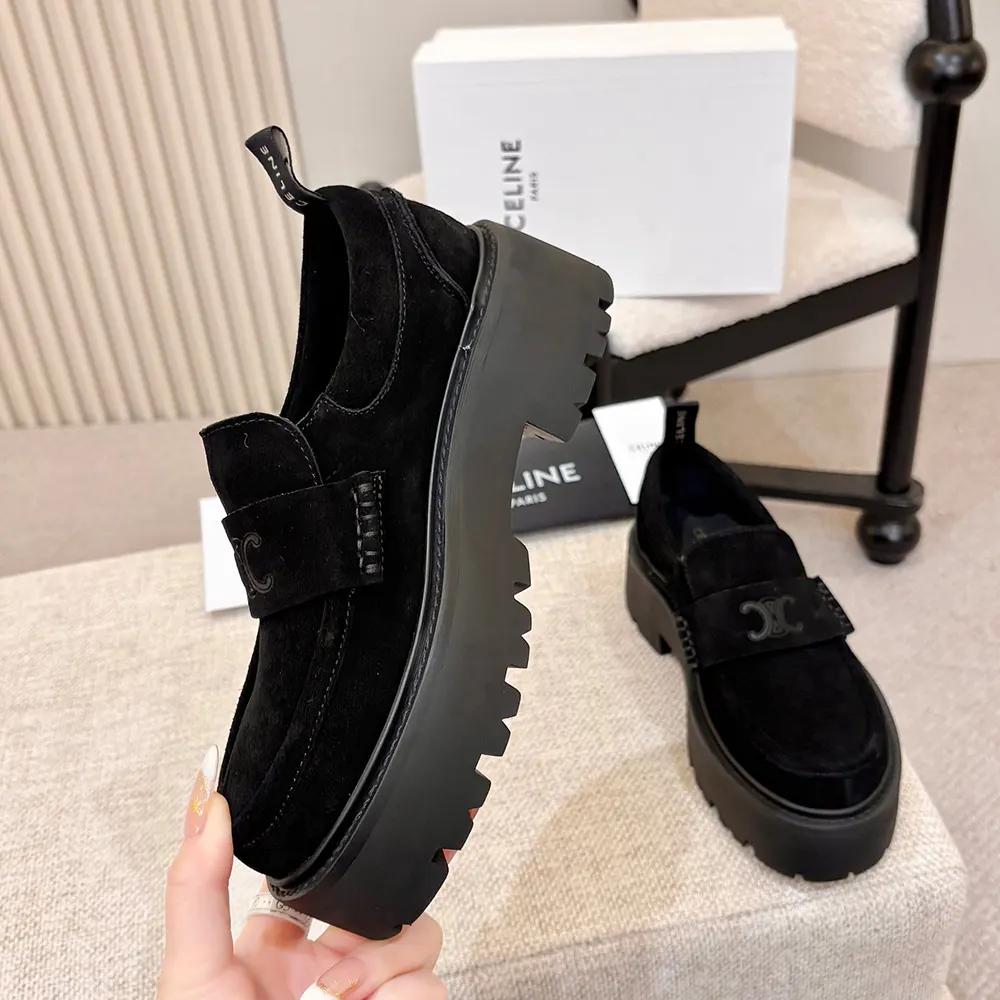 Celine Women Triomphe Loafers in Suede Calfskin-Black 365183442C