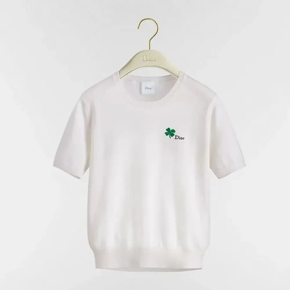Dior Men Short-Sleeved Fitted Sweater White Wool Knit with Green and Black Dior Clover Signature