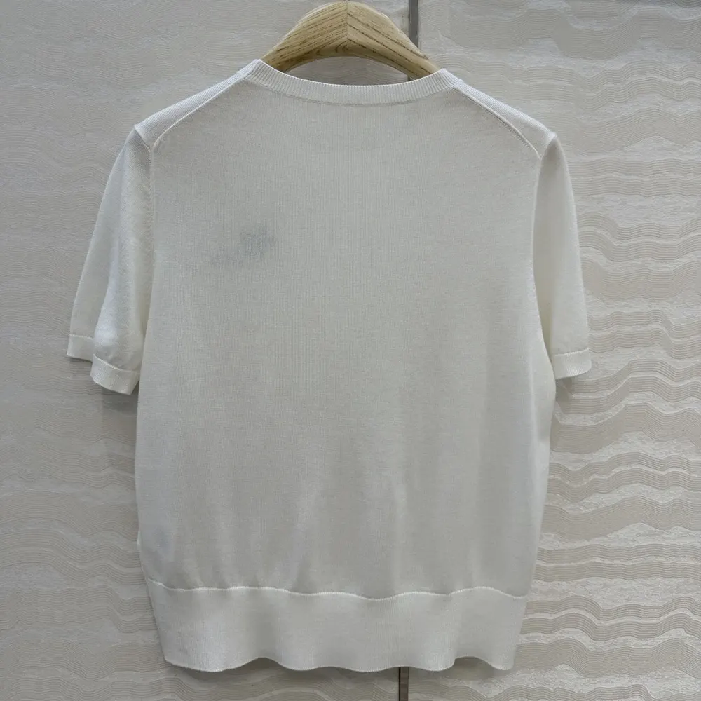 Dior Men Short-Sleeved Fitted Sweater White Wool Knit with Green and Black Dior Clover Signature