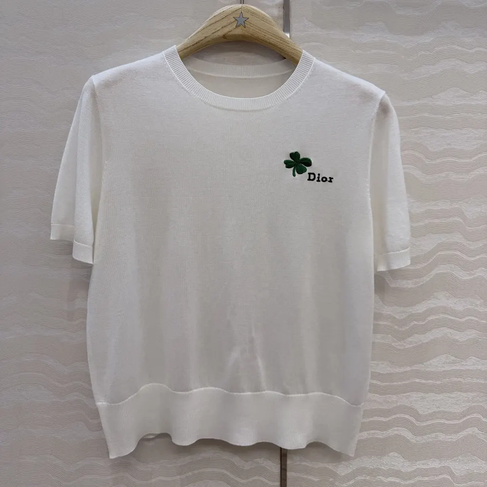 Dior Men Short-Sleeved Fitted Sweater White Wool Knit with Green and Black Dior Clover Signature