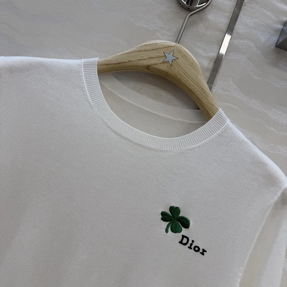 Dior Men Short-Sleeved Fitted Sweater White Wool Knit with Green and Black Dior Clover Signature