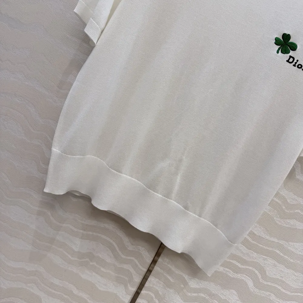 Dior Men Short-Sleeved Fitted Sweater White Wool Knit with Green and Black Dior Clover Signature