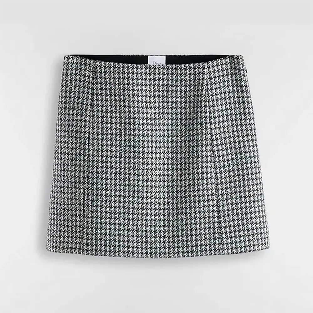 Dior Women Flared Miniskirt Black and White Houndstooth Virgin Wool Blend with Multicolor Sequins