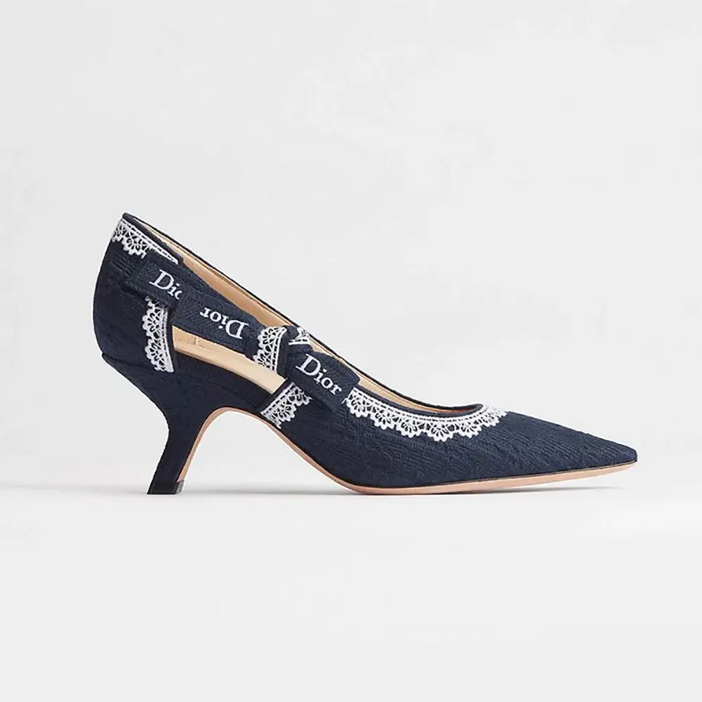 Dior Women J’Adior Pump Blue Dior Oblique Embroidered Cotton and White Lace