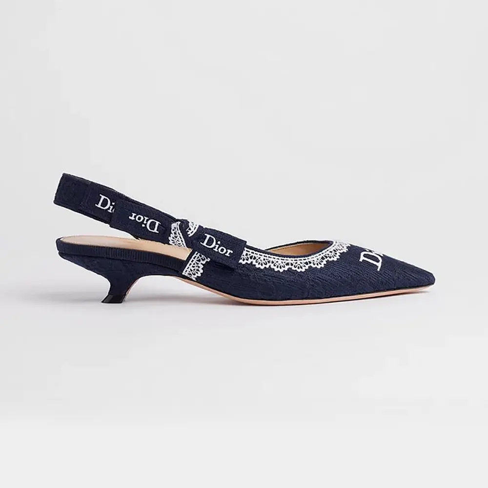 Dior Women J’Adior Slingback Pump Blue Dior Oblique Embroidered Cotton and White Lace