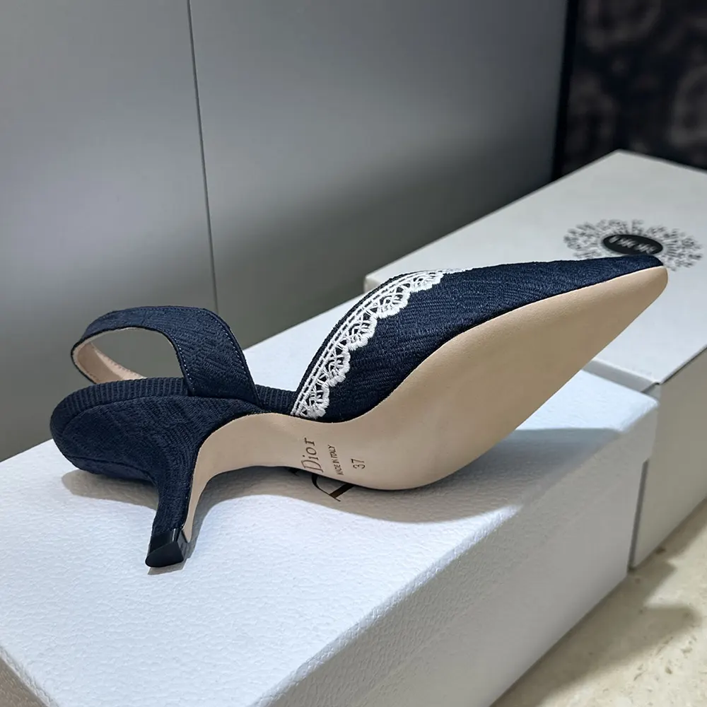 Dior Women J’Adior Slingback Pump Blue Dior Oblique Embroidered Cotton and White Lace