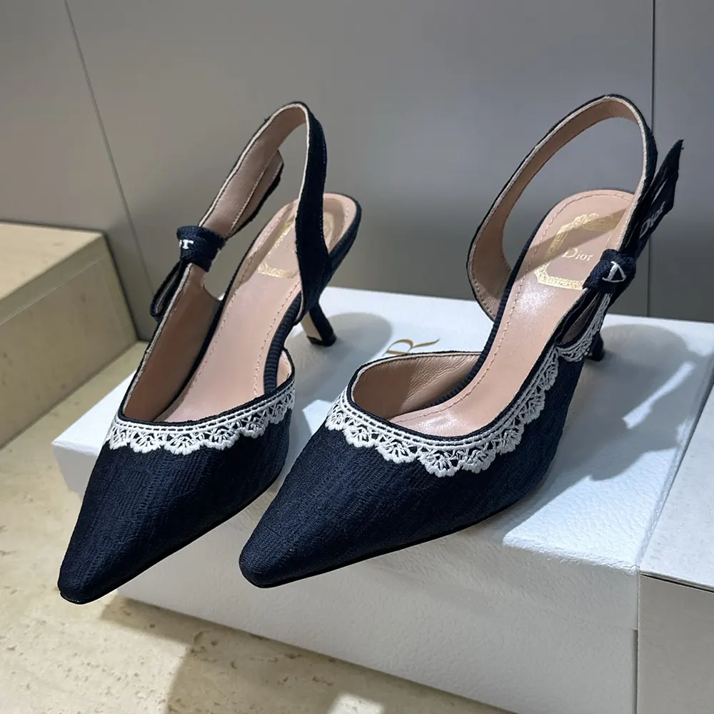 Dior Women J’Adior Slingback Pump Blue Dior Oblique Embroidered Cotton and White Lace