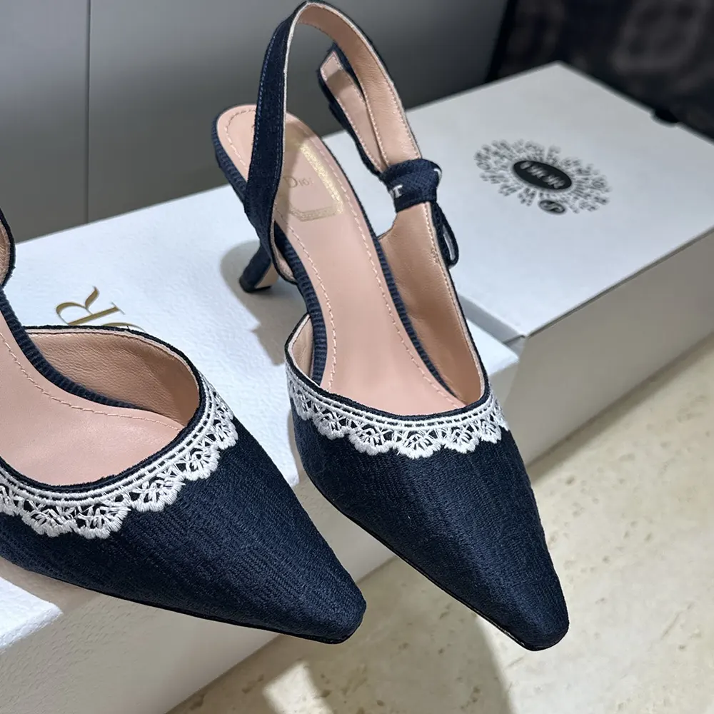 Dior Women J’Adior Slingback Pump Blue Dior Oblique Embroidered Cotton and White Lace