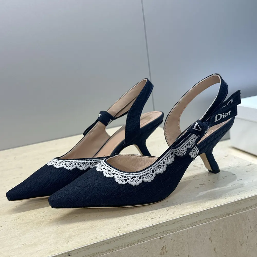 Dior Women J’Adior Slingback Pump Blue Dior Oblique Embroidered Cotton and White Lace