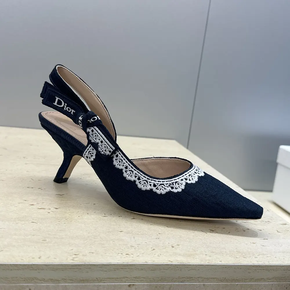 Dior Women J’Adior Slingback Pump Blue Dior Oblique Embroidered Cotton and White Lace