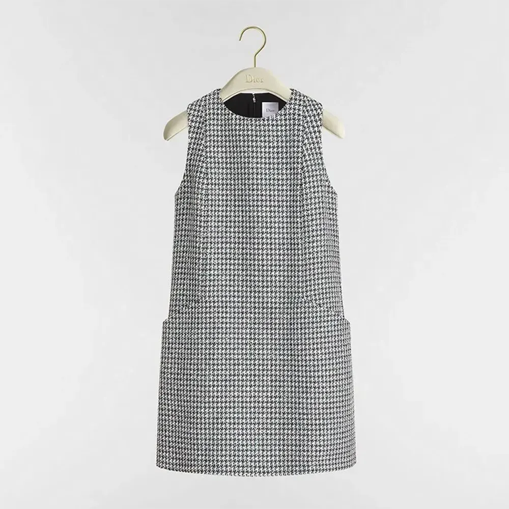 Dior Women Straight Dress Black and White Houndstooth Virgin Wool Blend with Multicolor Sequins