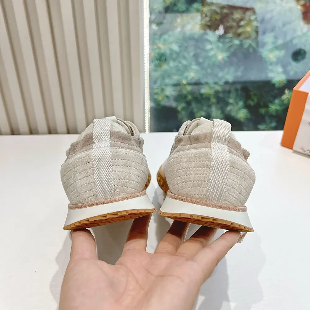 Hermes Unisex Jet Sneaker in Technical Canvas and Suede Goatskin-Beige