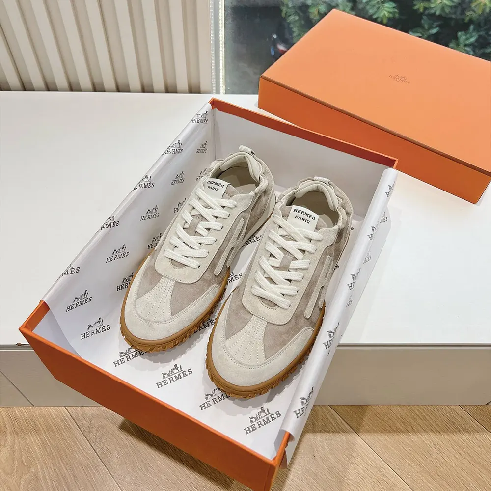 Hermes Unisex Jet Sneaker in Technical Canvas and Suede Goatskin-Beige