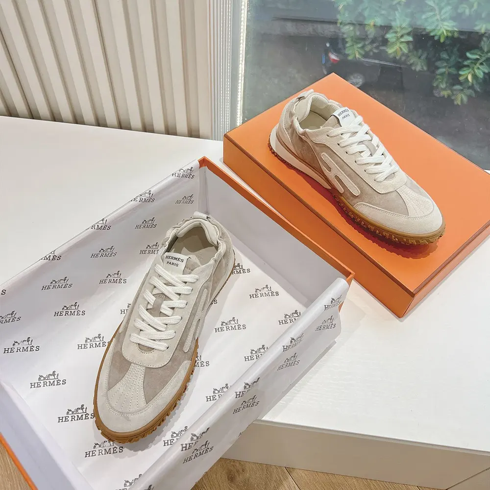 Hermes Unisex Jet Sneaker in Technical Canvas and Suede Goatskin-Beige