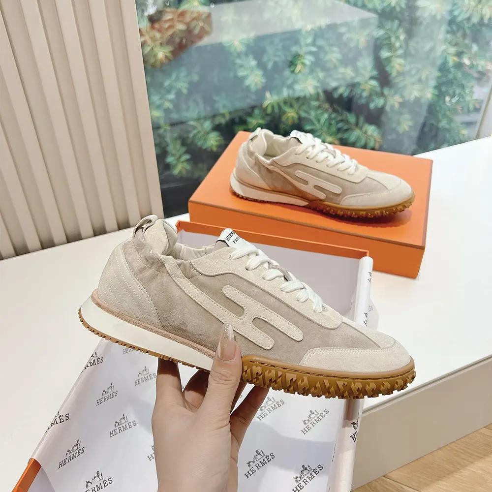 Hermes Unisex Jet Sneaker in Technical Canvas and Suede Goatskin-Beige