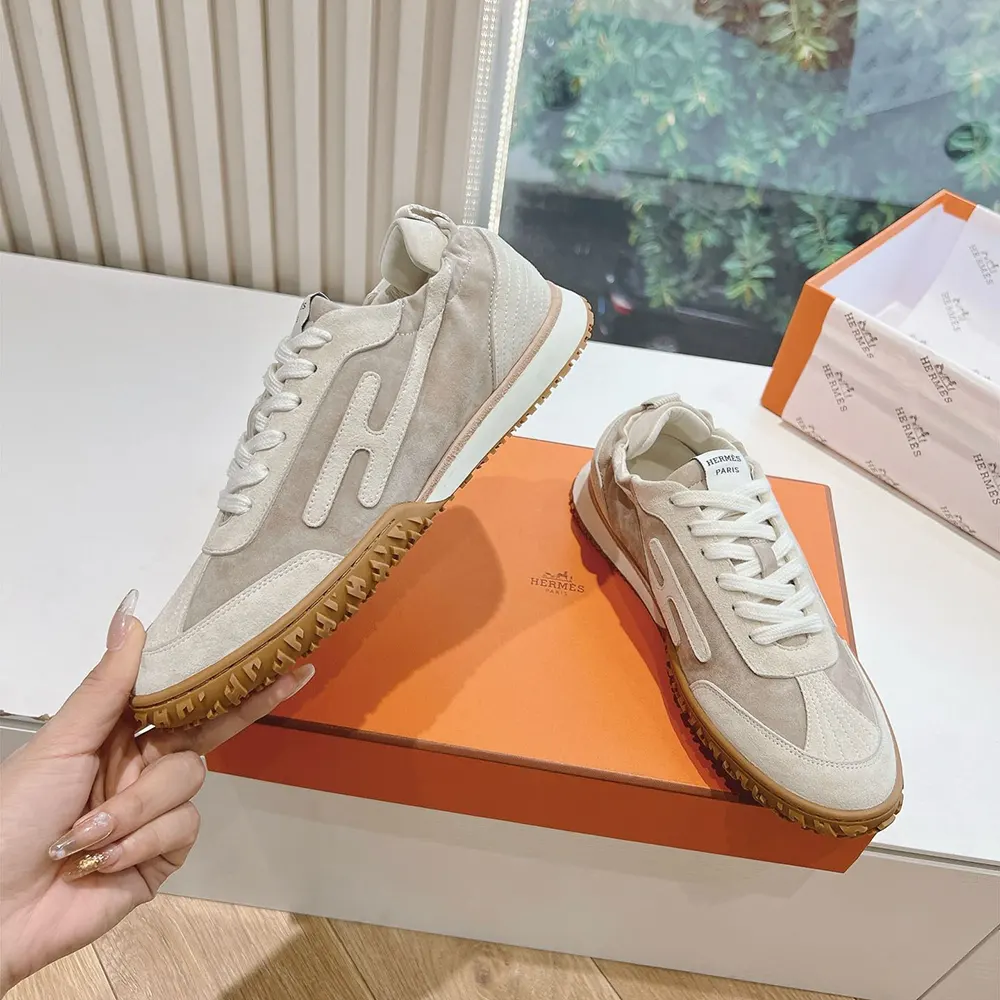 Hermes Unisex Jet Sneaker in Technical Canvas and Suede Goatskin-Beige