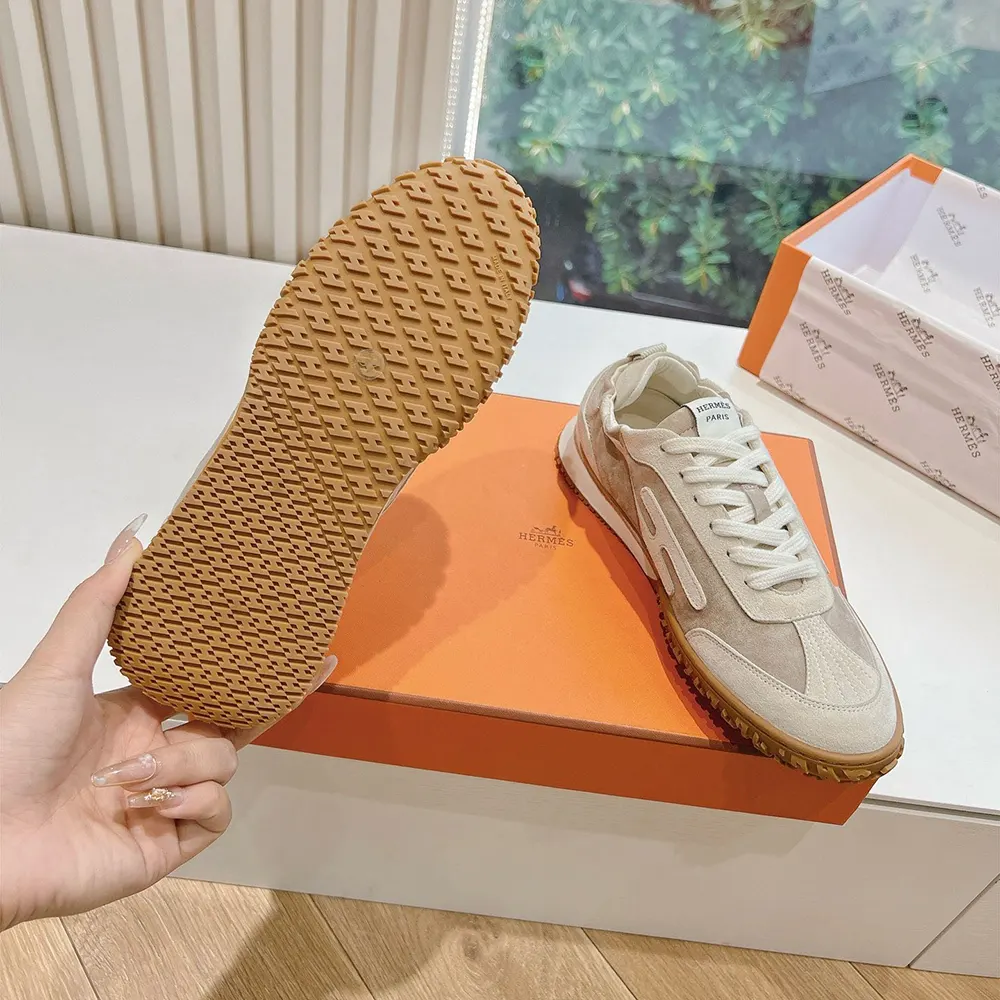 Hermes Unisex Jet Sneaker in Technical Canvas and Suede Goatskin-Beige