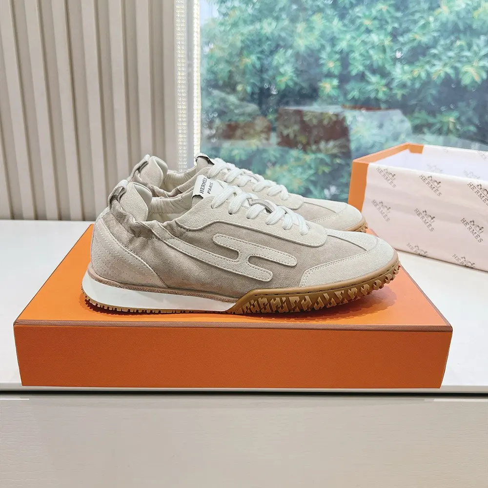 Hermes Unisex Jet Sneaker in Technical Canvas and Suede Goatskin-Beige