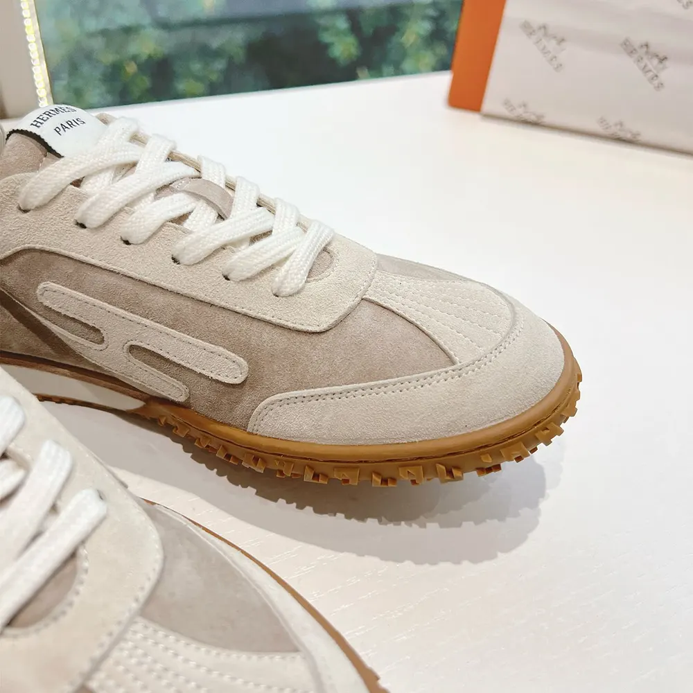 Hermes Unisex Jet Sneaker in Technical Canvas and Suede Goatskin-Beige