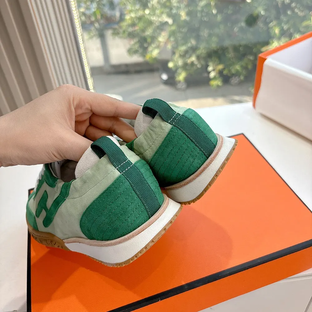 Hermes Unisex Jet Sneaker in Technical Canvas and Suede Goatskin-Green