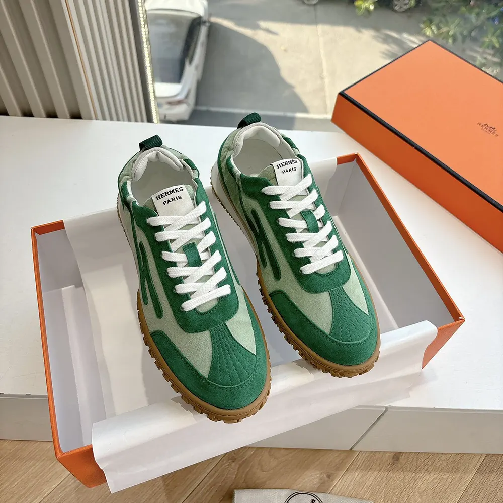 Hermes Unisex Jet Sneaker in Technical Canvas and Suede Goatskin-Green