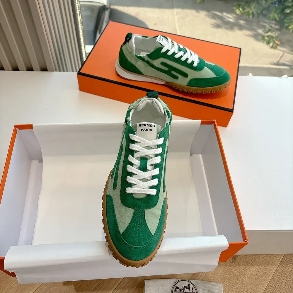 Hermes Unisex Jet Sneaker in Technical Canvas and Suede Goatskin-Green