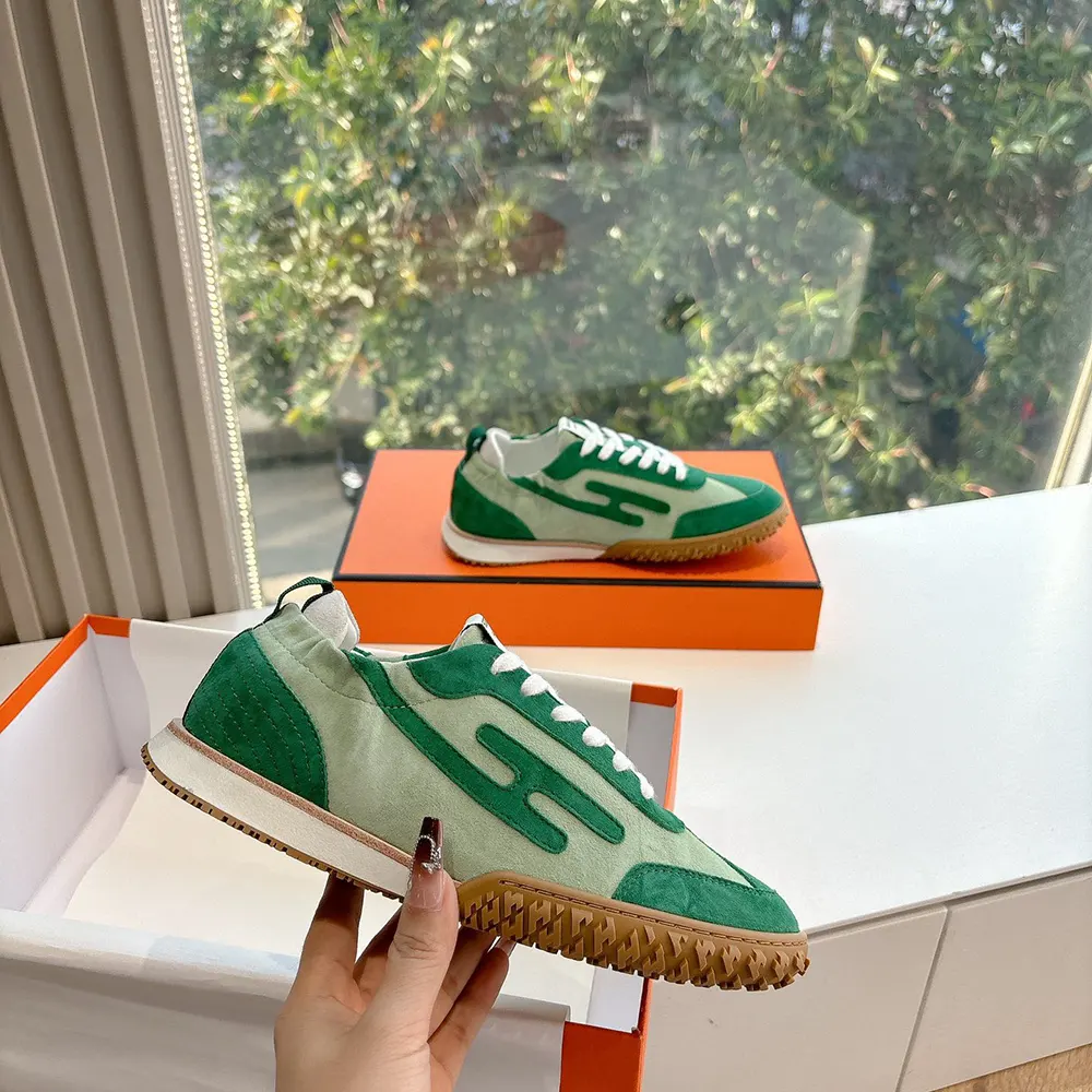 Hermes Unisex Jet Sneaker in Technical Canvas and Suede Goatskin-Green