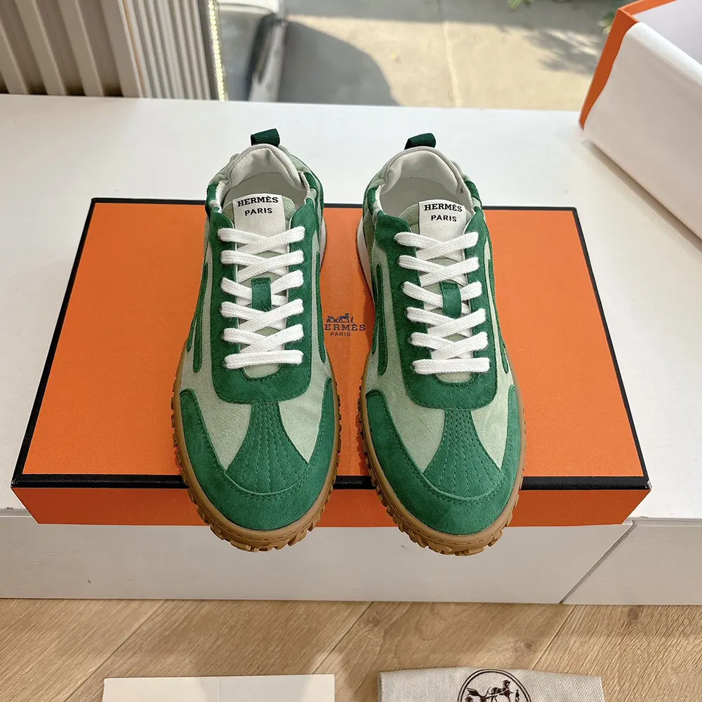 Hermes Unisex Jet Sneaker in Technical Canvas and Suede Goatskin-Green