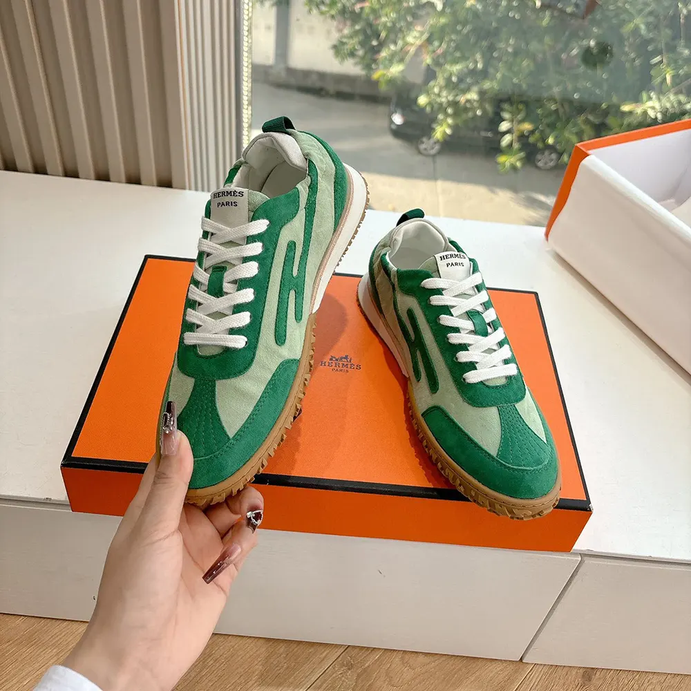 Hermes Unisex Jet Sneaker in Technical Canvas and Suede Goatskin-Green