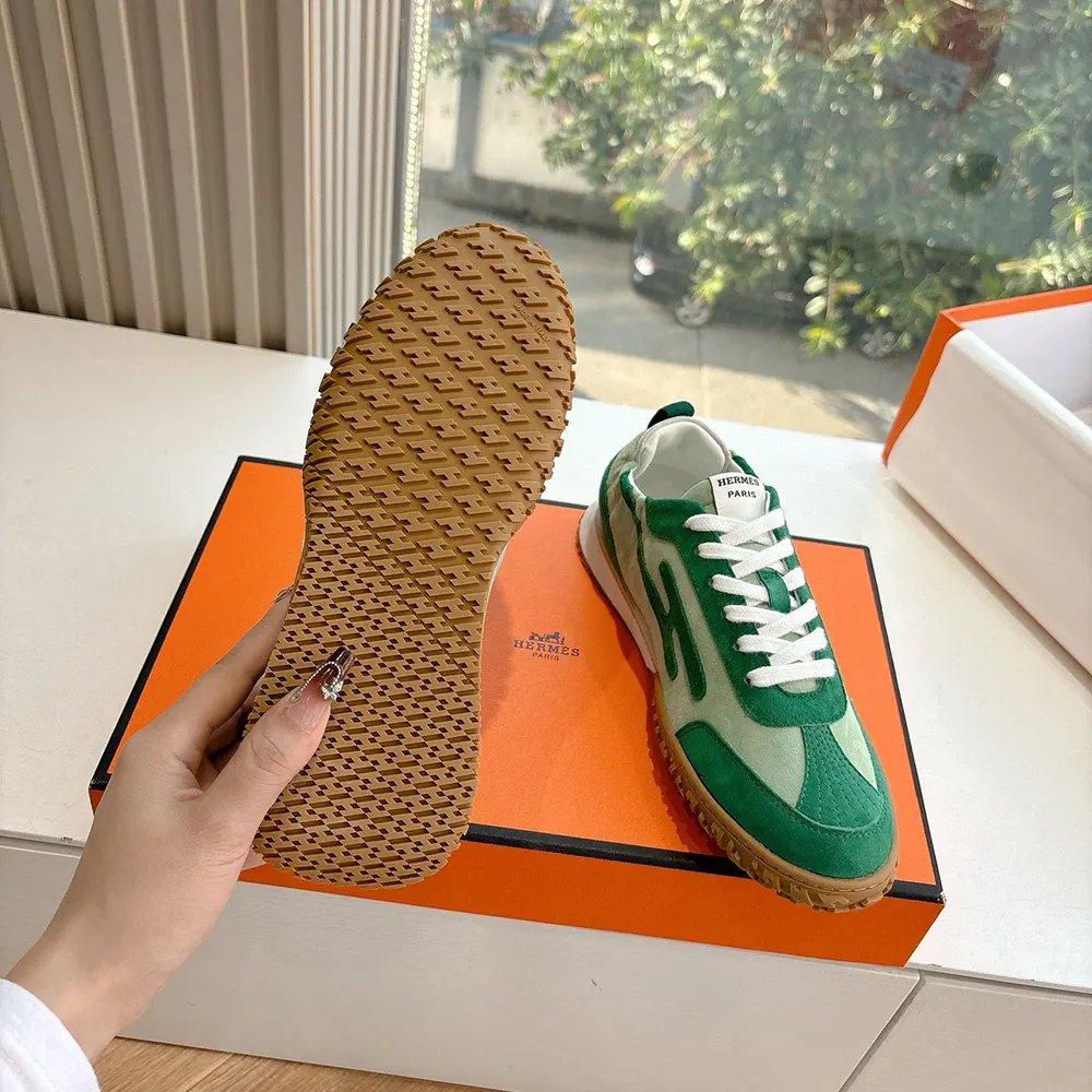 Hermes Unisex Jet Sneaker in Technical Canvas and Suede Goatskin-Green