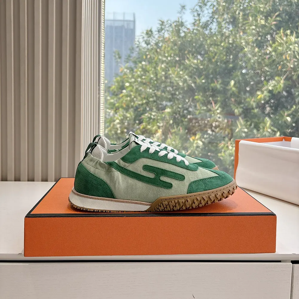 Hermes Unisex Jet Sneaker in Technical Canvas and Suede Goatskin-Green