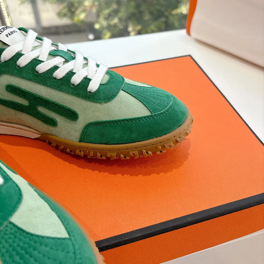 Hermes Unisex Jet Sneaker in Technical Canvas and Suede Goatskin-Green