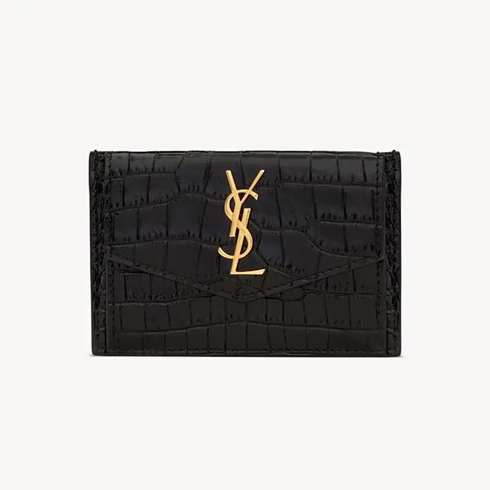Saint Laurent YSL Women Uptown Flap Card Case in Crocodile-Embossed Shiny Leather