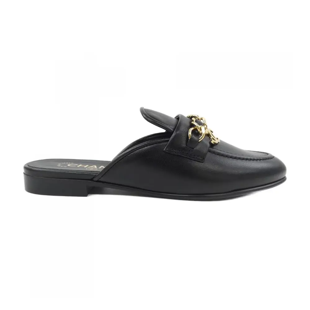 Chanel Women Black CC Leather Braided Mules