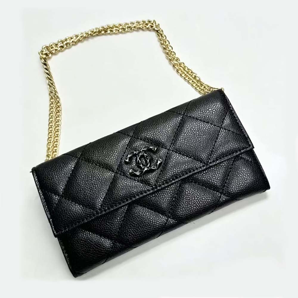 Chanel Women Classic Wallet with Chain Grained Shiny Calfskin Gold Tone Metal-Black