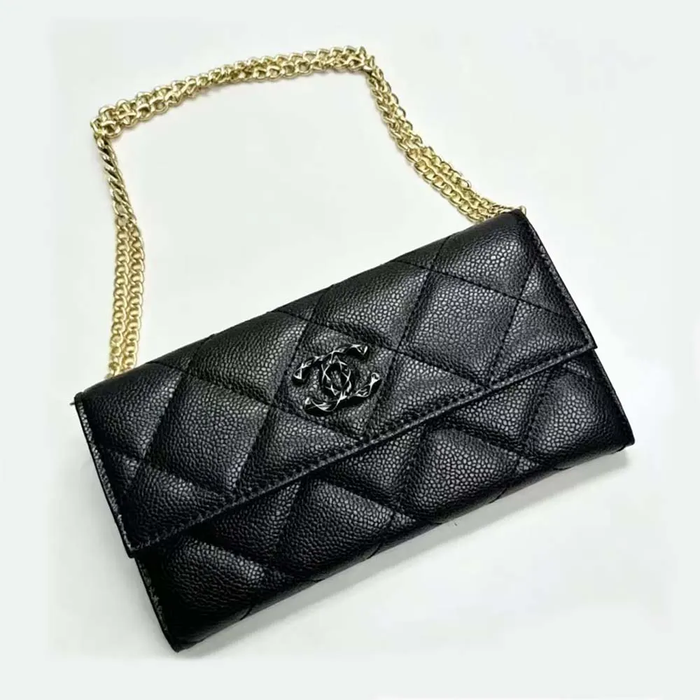 Chanel Women Classic Wallet with Chain Grained Shiny Calfskin Gold Tone Metal-Black