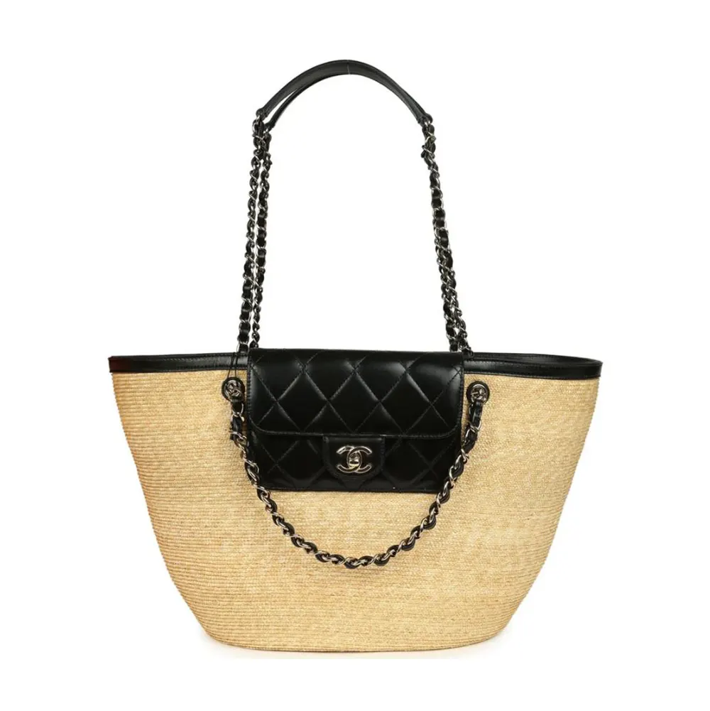 Chanel Women Large Shopping Bag Braided Straw Lambskin & Gold-Tone Metal-Black