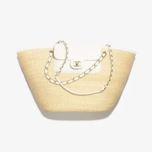 Chanel Women Large Shopping Bag Braided Straw Lambskin Gold Tone Metal